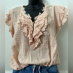 Free People Boho Cottagecore Ruffle Peasant Blouse | Blush Pink Gauze